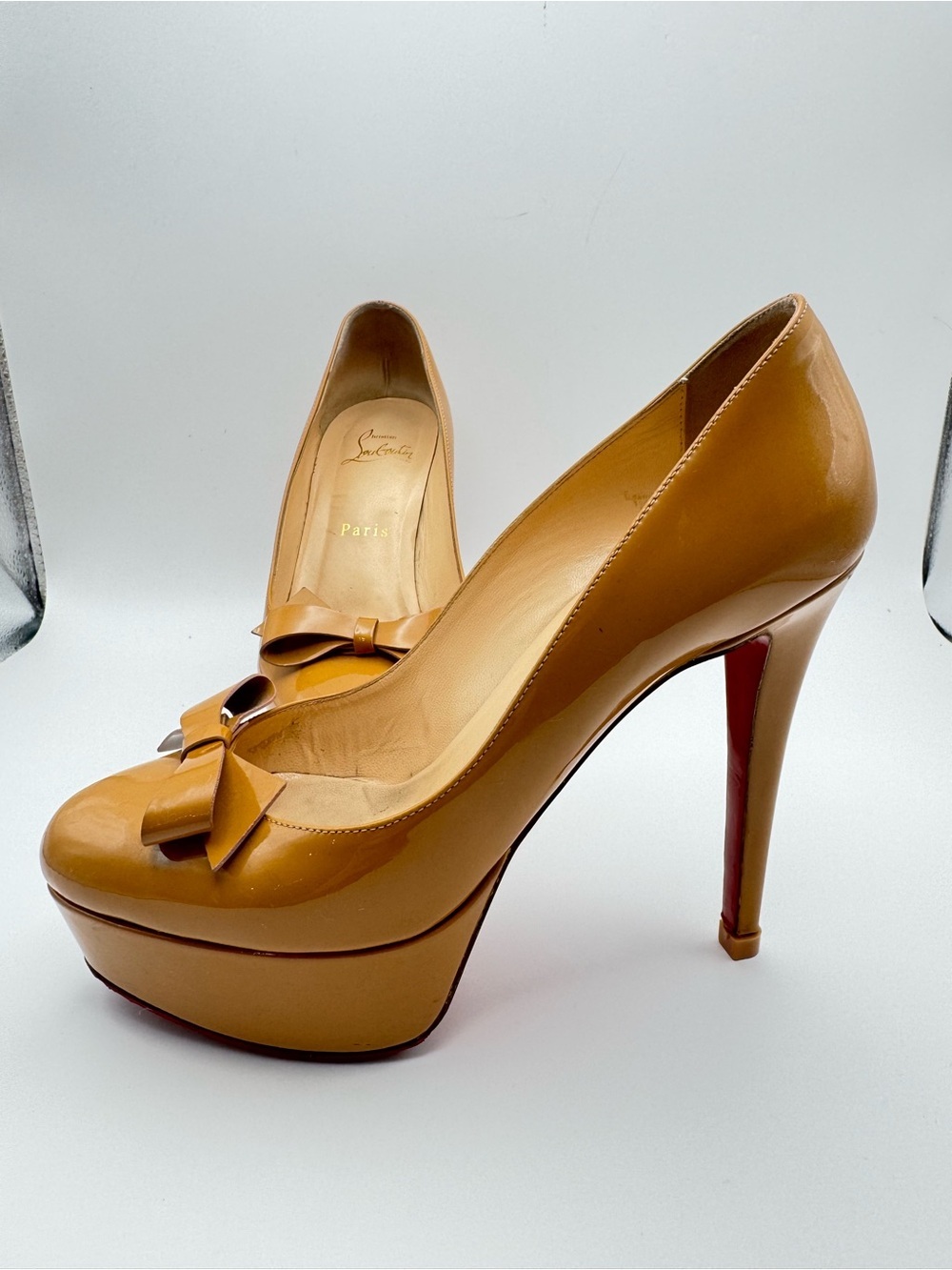 Christian Louboutin Bianca 140 Bow Patent Platform Pumps Camel Nude EU 36 - Picture 5 of 9
